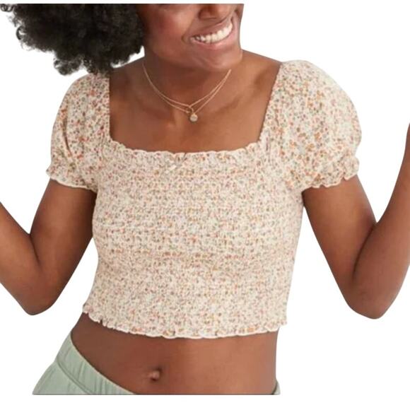AE Aerie Micro Floral Puff Sleeve Cropped Blouse Smocked Square Neck Large - Picture 1 of 9